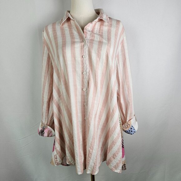 Shana Large Pink White Striped Long Sleeve Button Shirt Printed Back Artsy - Picture 2 of 11